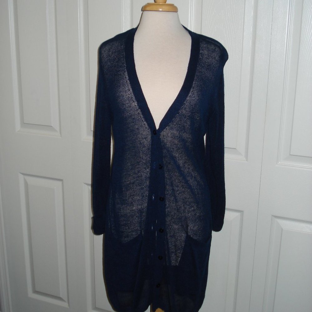 Long Lightweight Sweater Navy Mesh Weave Long Sleeves Pockets Large